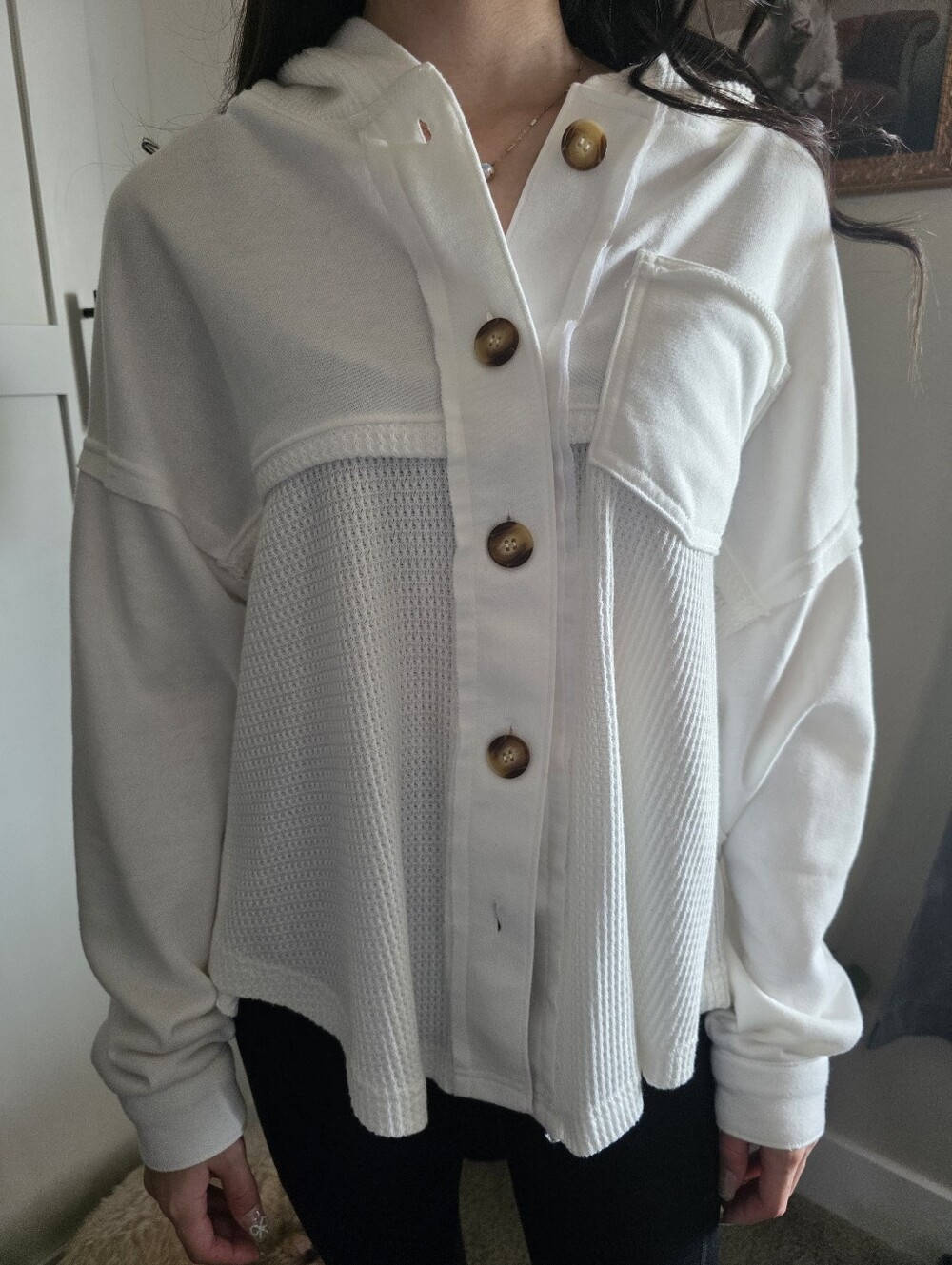 Oversized White Hooded Button-Front Knit Jacket